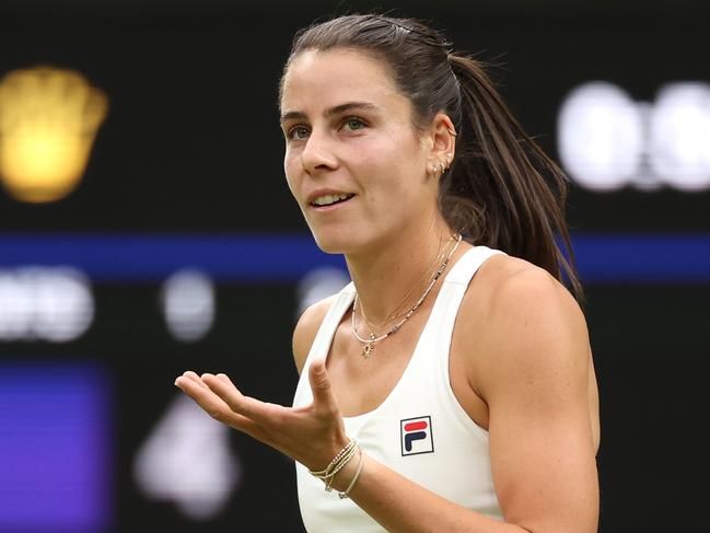 LONDON, ENGLAND - JULY 03: Emma Navarro of United States celebrates winning match point against Naomi Osaka of Japan in her Women's Singles second round match during day three of The Championships Wimbledon 2024 at All England Lawn Tennis and Croquet Club on July 03, 2024 in London, England. (Photo by Sean M. Haffey/Getty Images)