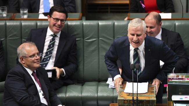 Michael McCormack raises smiles from, from left, Scott Morrison, David Littleproud and Josh Frydenberg during question time on Thursday.