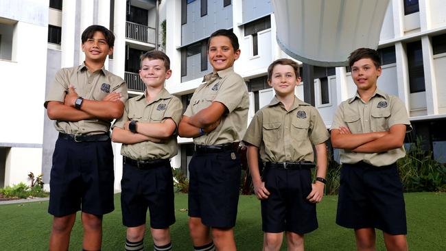 Nudgee College junior school students Bond Bradley, Andrew Emery, Elfie Piper, Jai Mott and Henry Dennis. Picture AAPimage/David Clark