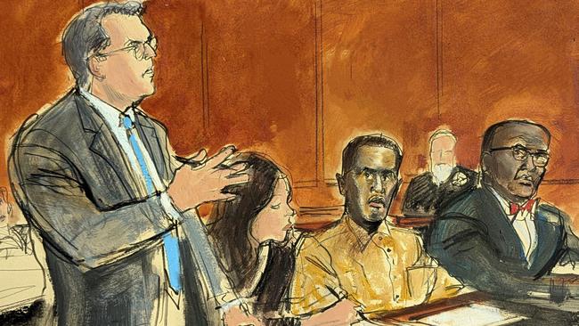 In this courtroom sketch, Sean "Diddy" Combs defence lawyer Marc Agnifilo, left, addresses the judge while Combs, seated second from right, in prison uniform, watches in Federal court, in New York. Combs' new defence lawyer, Anthony Ricco is seated far right. Picture: Elizabeth Williams via AP