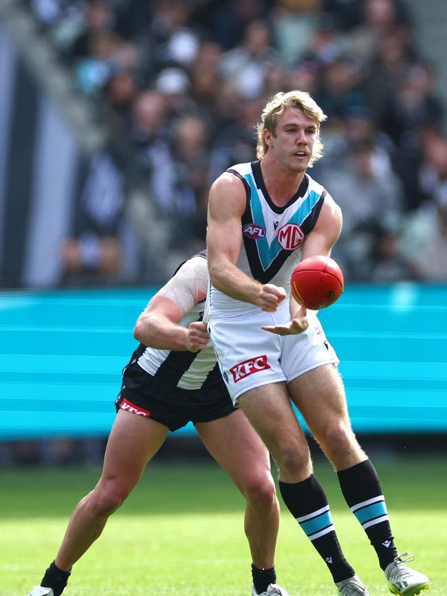 Jason Horne-Francis sent a scare through the Power camp with a hamstring injury. Picture: Quinn Rooney/Getty Images.