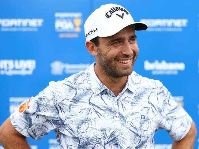 BRISBANE, AUSTRALIA - NOVEMBER 23: Joel Moscatel Nachshon of Spain is interviewed after setting the course record during day one of the 2023 Australian PGA Championship at Royal Queensland Golf Club on November 23, 2023 in Brisbane, Australia. (Photo by Chris Hyde/Getty Images)