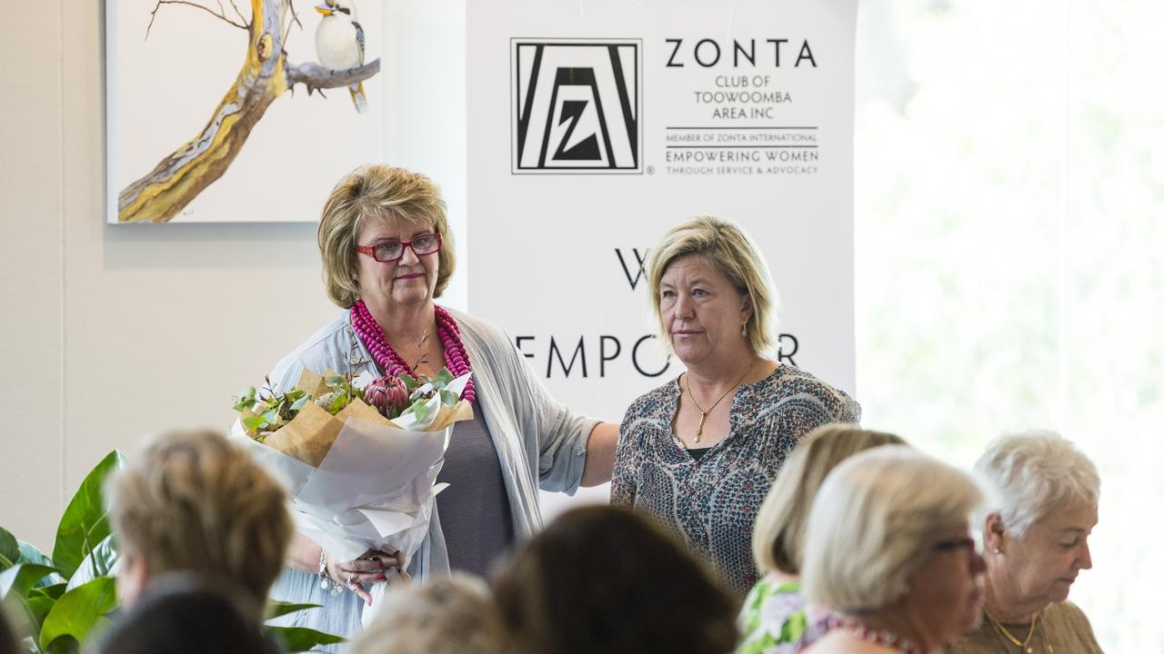 The Toowoomba Zonta Woman of the Year 2021 Emma Mactaggart (right) of The Child Writes Fund with club president Kate Charlton at an International Women's Day lunch hosted by Zonta Club of Toowoomba at Picnic Point, Friday, March 5, 2021. Picture: Kevin Farmer