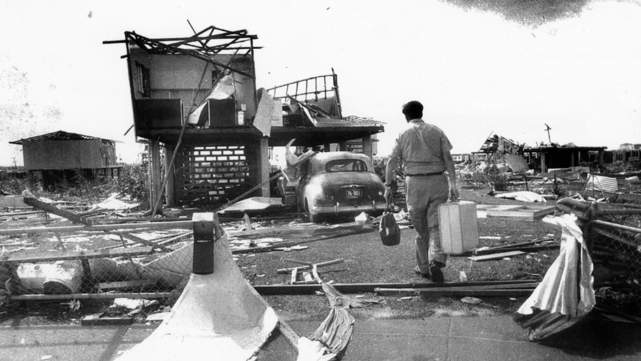 Tropical Cyclone Tracy, Darwin, Northern Territory, Dec 1974. Lyn Cox returns from leave in Perth to find his 9 Kilfoyle Crescent, Nakara home wrecked beyond imagination. (Copyright Herald Sun, pic by staff photographer Bruce Howard)