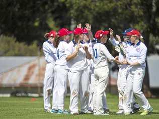 The Darling Downs girls cricket team celebrates a catch by Taylah Baxter in their match against Capricornia in the Queensland School Sport 13-15 years girls cricket championships. Picture: Kevin Farmer