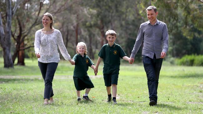 Nadia and Joel Smith with their children Mika, 5 and Henning, 8 in the Melbourne suburb of Blackburn. Picture: David Geraghty