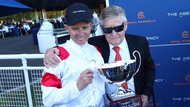 Bridge celebrates with jockey Kerrin McEvoy after Celestial Legend won the Randwick Guineas. Picture: Jeremy Ng/Getty Images