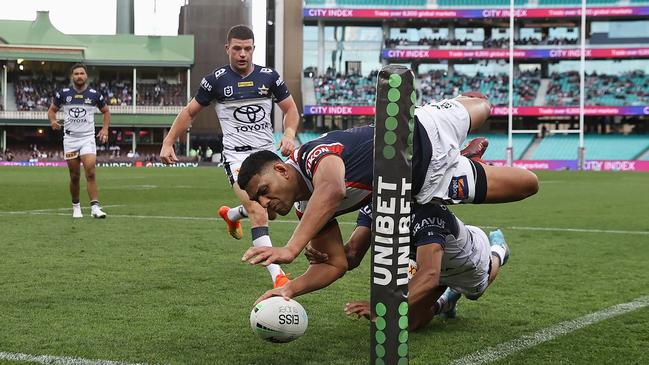 Daniel Tupou scored an acrobatic try in the Roosters’ big win. Picture: Cameron Spencer/Getty Images