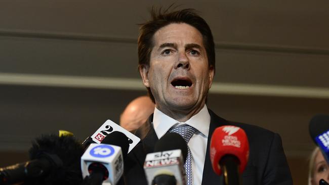 NSW Minister for Better Regulation Kevin Anderson (centre) speaks to the media during a press conference as Federal and state building ministers have come together to address issues in the building and construction sector, agreeing to national consistency in the sector. Picture: Bianca De Marchi