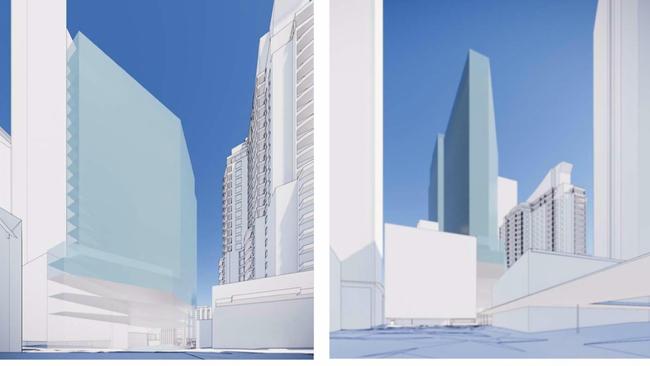 Concept plans of the redevelopment, viewed from Victoria Ave (left) and Railway St (right)