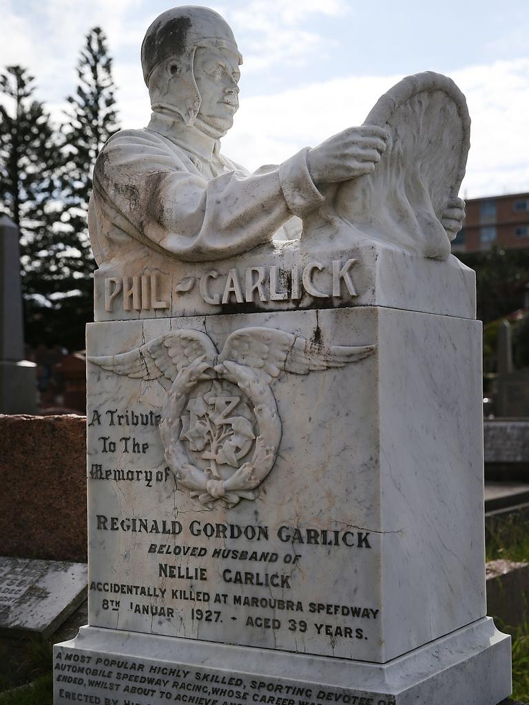 6. The final resting place of Maroubra Speedway racing champion Reginald “Phil” Garlick Headstone is one of the Australia’s most unusual. Picture: AAP/ Danny Aarons