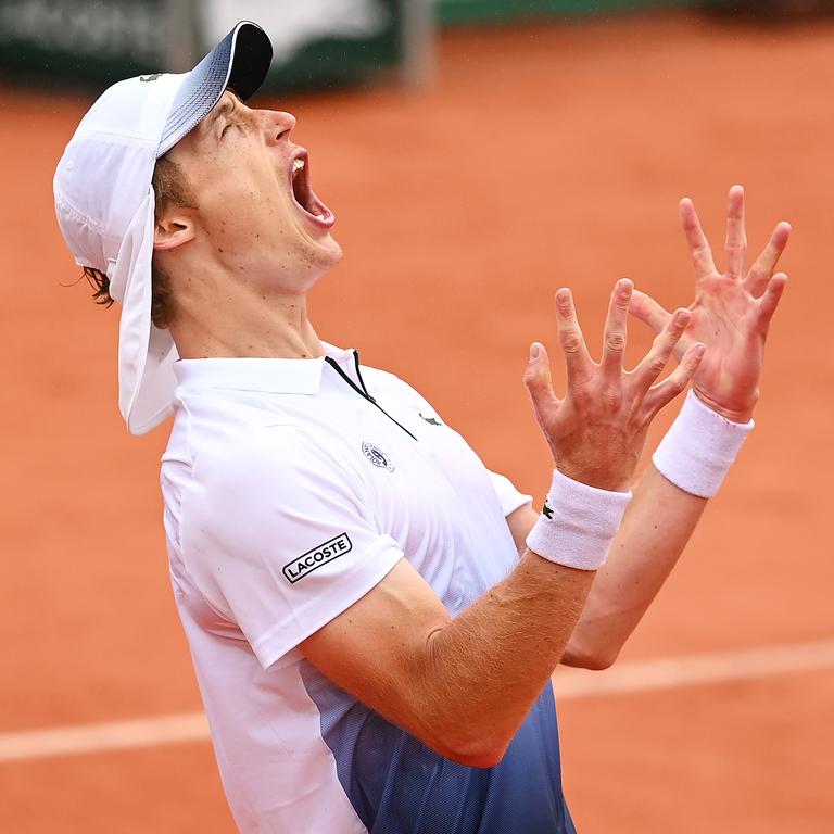 Marc Polmans, celebrating after winning match point during his Men's Singles first round match at the 2020 French Open, has been in Melbourne preparing for the Australian Open. Picture: Shaun Botterill/Getty Images