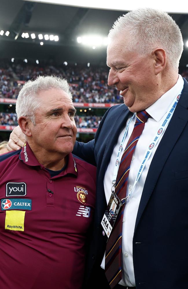 Chris Fagan and Greg Swann after the Lions’ premiership win. Picture: Michael Willson/AFL Photos via Getty Images