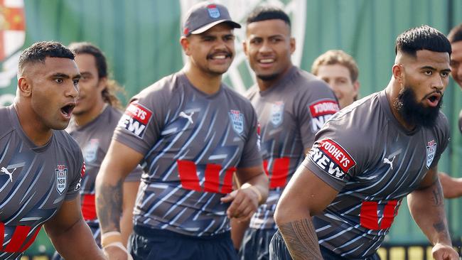 DAILY  TELEGRAPH - 25/5/23MUST NOT PUBLISH BEFORE CLEARING WITH PIC EDITOR - NSW Blues State of Origin players pictured at training this morning in Coogee. Tevita Pangai Jnr and Payne Haas pictured. Picture: Sam Ruttyn