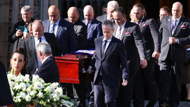 Pallbearers, including Bill Shorten, at Ms Kitching’s funeral on Monday. Picture: David Caird