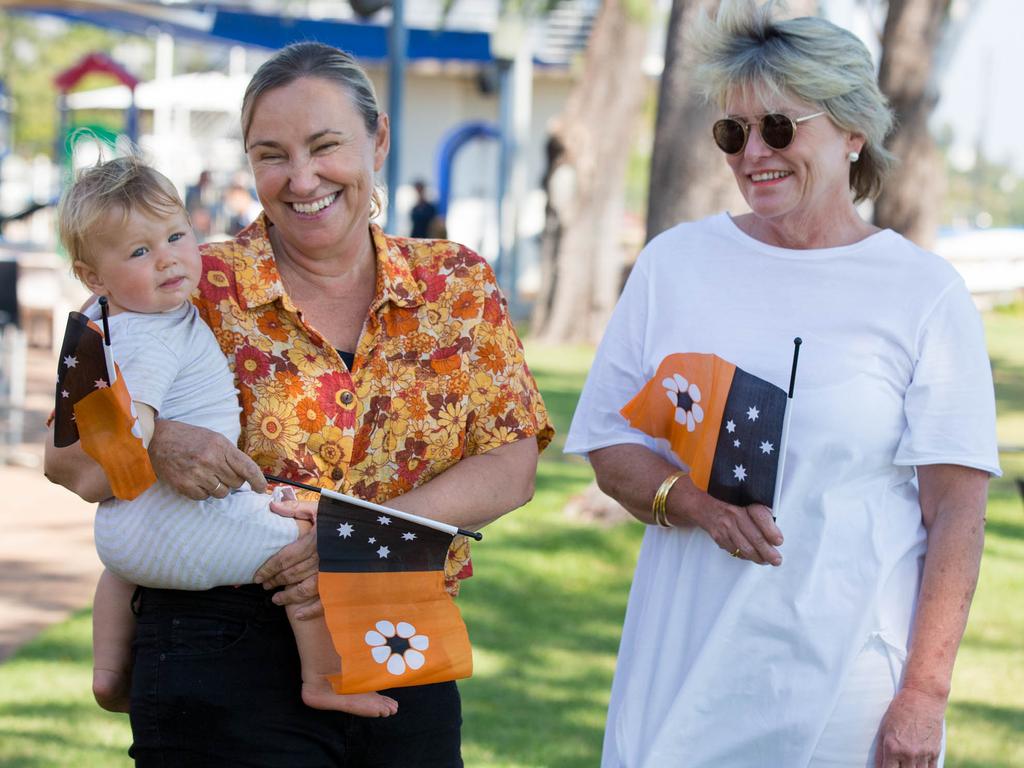 Banjo Wright, Lyn Hazelton and Lizzie Gurd celebrating at the Darwin Sailing Club. Picture: Glenn Campbell