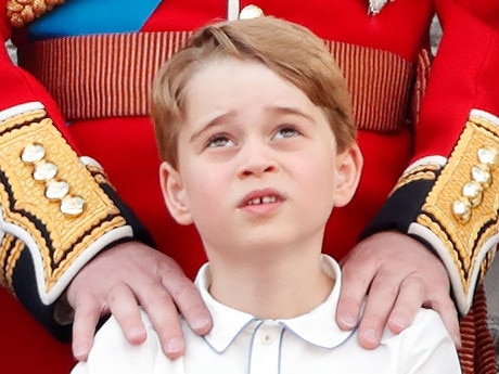 LONDON, UNITED KINGDOM - JUNE 08: (EMBARGOED FOR PUBLICATION IN UK NEWSPAPERS UNTIL 24 HOURS AFTER CREATE DATE AND TIME) Prince George of Cambridge watches a flypast from the balcony of Buckingham Palace during Trooping The Colour, the Queen's annual birthday parade, on June 8, 2019 in London, England. The annual ceremony involving over 1400 guardsmen and cavalry, is believed to have first been performed during the reign of King Charles II. The parade marks the official birthday of the Sovereign, although the Queen's actual birthday is on April 21st. (Photo by Max Mumby/Indigo/Getty Images)