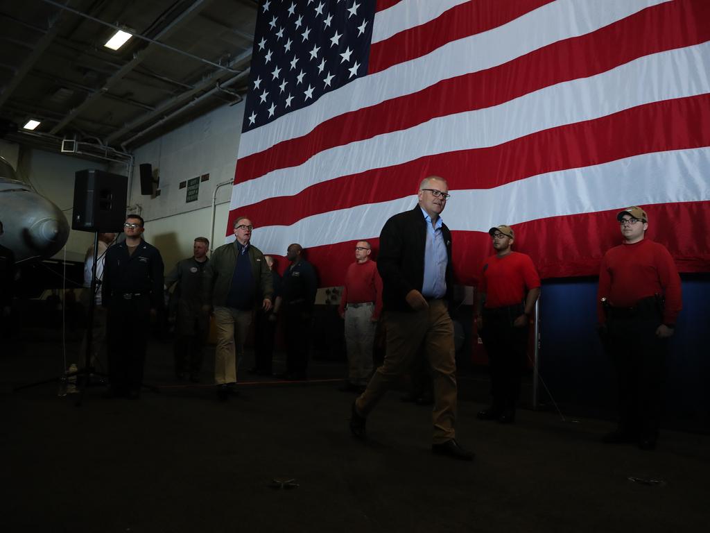 Australian Prime Minister Scott Morrison visits USS Ronald Reagan off the coast of Brisbane as part of a joint America and Australia Operation Talisman Sabre 2019 on July 12, 2019. Picture: Adam Taylor