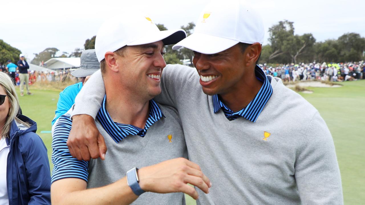 Justin Thomas and Tiger Woods at the Presidents Cup in Melbourne in 2019. Picture: Warren Little/Getty Images