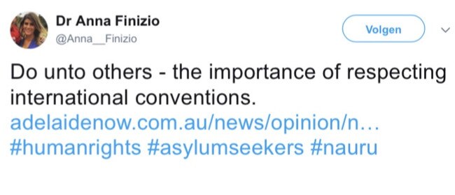 A tweet from Anna Finizio that questions Australia’s treatment of asylum seekers.