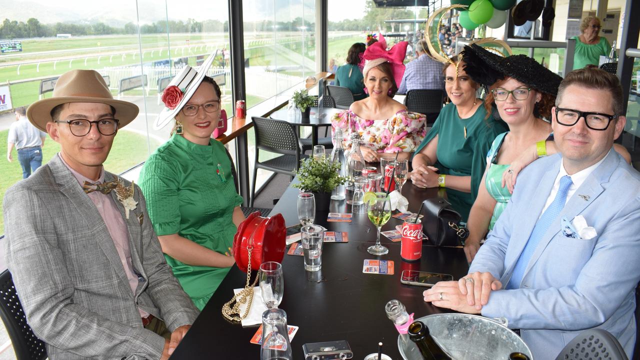 Bruce Bentley, Stephanie Troste, Jen Marsh, Kathleen Henderson, Louise Lommerse and Scott Kreigher at the St Patrick’s Day races in Rockhampton on March 12, 2022. Picture: Aden Stokes