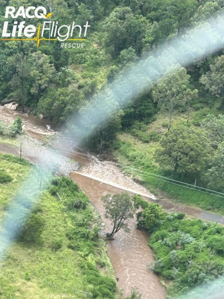 The flooded Lockyer Valley road as seen from the RACQ LifeFlight Rescue Helicopter.