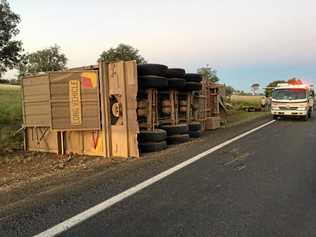 The trailer carting cattle that unhitched from the truck and rolled on the Warrego Highway. Picture: Sarah Dionysius