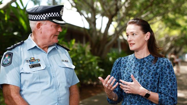 Queensland Minister for Children and Youth Justice Leanne Linard last year visited Cairns to discuss with concerned residents youth crime in Far North Queensland. Acting Chief Superintendent Rhys Newton speaks with Minister for Children and Youth Justice Leanne Linard. Picture: Brendan Radke