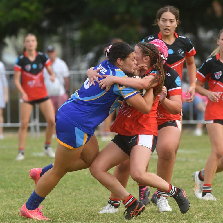 St Margaret Mary's College's Evoltia Tuala is tackled by Kirwan's Sari Ericson during the 2024 school seaosn. Picture: Evan Morgan