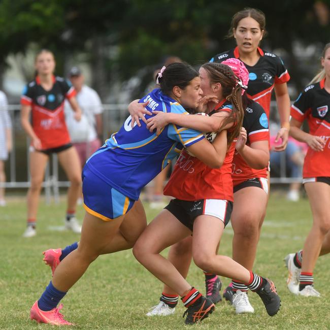 St Margaret Mary's College's Evoltia Tuala is tackled by Kirwan's Sari Ericson during the 2024 school seaosn. Picture: Evan Morgan