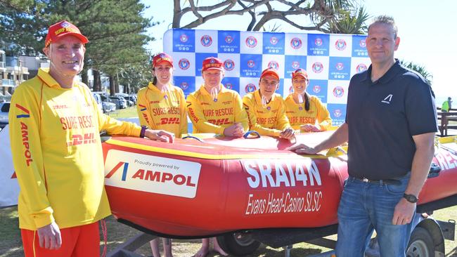 Evans Head-Casino SLSC president Michael Pontefract, Elyse McMasters, Aidan Yourell, Caelan Cooper, Christine Warren, and Ampol’s Shane Mangan.