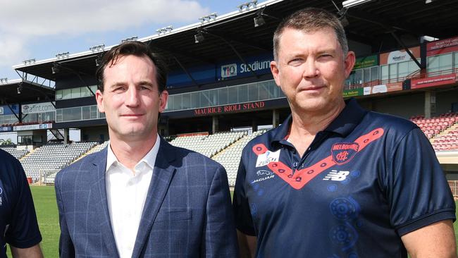 AFL boss Andrew Dillon said Melbourne chief executive Gary Pert (right) had the experience necessary for the Demons to handle their issues internally without league intervention. Picture: Katrina Bridgeford