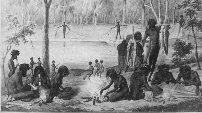 The game of marngrook, shown centre, in a mid 19th Century drawing of Aboriginal life.