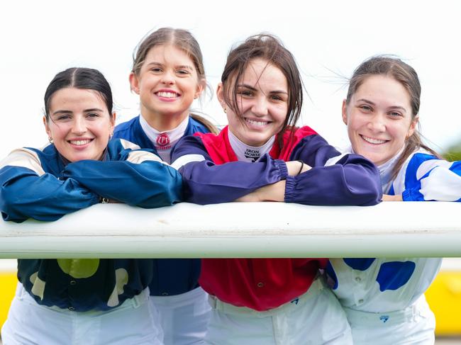 Female jockeys Dakotah Keane, Jaylah Kennedy, Jordyn Weatherley and Emily Pozman at Caulfield Heath Racecourse on February 10, 2025 in Caulfield, Australia. (Photo by Scott Barbour/Racing Photos)