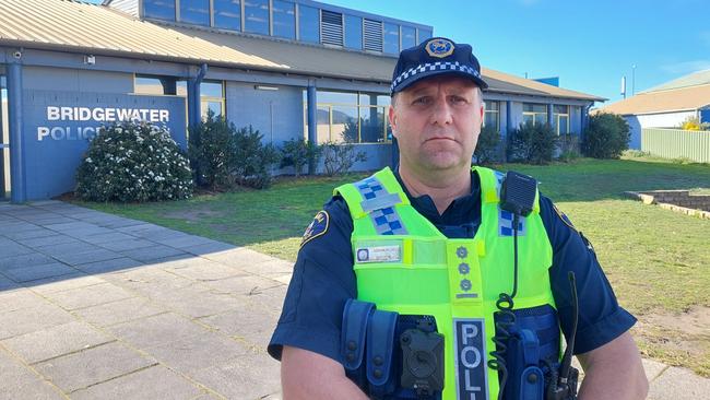 Sergeant Jason Klug speaks to the media outside Bridgewater Police Station about a road fatality. Picture: Supplied.