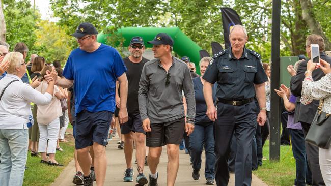 Graham Ashton and Wayne Gatt on the walk to raise awareness for police veterans living with mental health issues. Picture: Jason Edwards