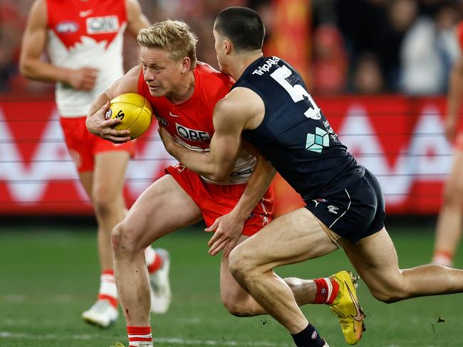 Isaac Heeney will be looking to take a step up in 2024 as the new leader of the Swans’ forward line. Picture: Michael Willson/AFL Photos via Getty Images