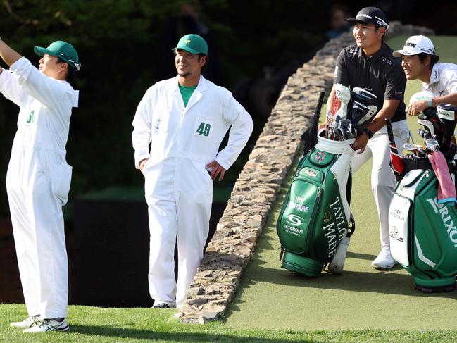 AUGUSTA, GEORGIA - APRIL 10: Ryo Hisatsune of Japan and Hideki Matsuyama of Japan pose for a photo on the 12th hole during a practice round prior to the 2024 Masters Tournament at Augusta National Golf Club on April 10, 2024 in Augusta, Georgia.   Warren Little/Getty Images/AFP (Photo by Warren Little / GETTY IMAGES NORTH AMERICA / Getty Images via AFP)