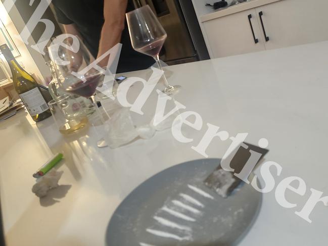 An image purportedly showing Mr Speirs in his kitchen next to a white powder substance. Picture: The Advertiser