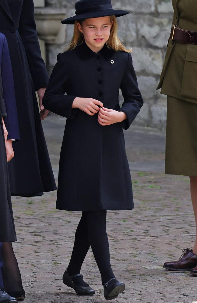 Princess Charlotte of Wales wore a horseshoe brooch gifted to her by Queen Elizabeth. Picture: Chris Jackson/Getty Images