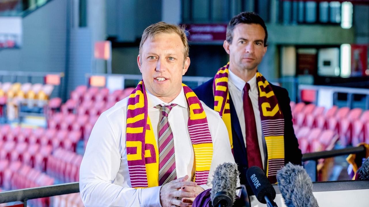 Then Deputy Premier Steven Miles with Broncos CEO Dave Donaghy in 2022. Picture: Richard Walker