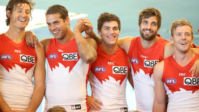 Lance Melican (centre) alongside (from left) Kurt Tippett, Lance Franklin, Tom Derickx and Luke Parker. Picture: Chris Pavlich