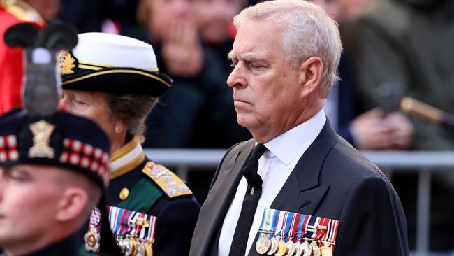 Prince Andrew was walking behind his mother’s coffin as it headed to St Giles Cathedral. Picture: Robert Perry/Getty Images