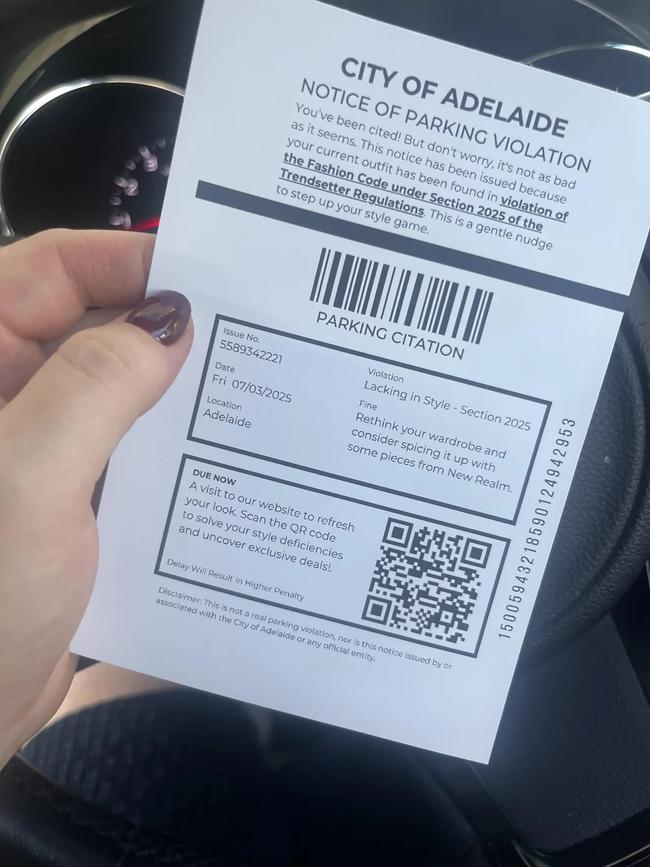 Fashion marketing material as a parking fine issued by New Realm using City of Adelaide name. Picture: Supplied