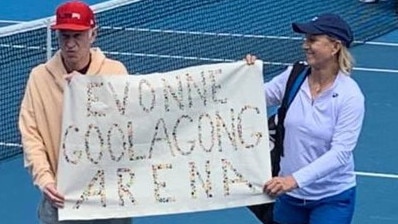 John McEnroe and Martina Navratilova make their protest on Margaret Court Arena on Tuesday. Picture: Twitter