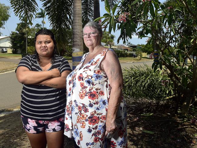 Kirwan residents Rhonda Ross and Lesley Williams, who is house sitting for her daughter, says there have been plenty of close calls at an intersection where an allegedly stolen car crash into palm trees and a frangipani bush on Tibarri St Kirwan. PICTURE: MATT TAYLOR.