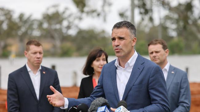 Premier Peter Malinauskas, Deputy Premier Susan Close, Treasurer Stephen Mullighan and Emergency Services Minister Joe Szakacs during media conference in Mannum. NCA NewsWire / David Mariuz