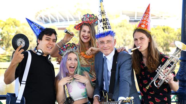 Adelaide Lord Mayor Martin Haese (centre) with New Years Eve performers Tim Whitt, Caroline Tucker (CARZi) , Belle Ballard and Sean Helps. Picture: AAP/Mark Brake