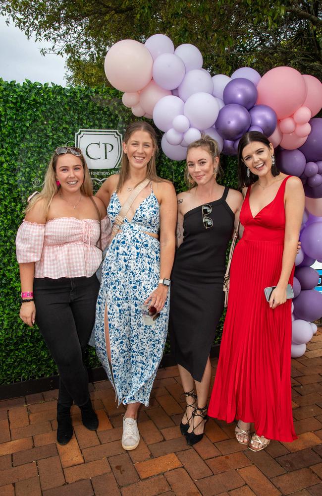 (From left) Mikayla Newton, Sian Veivers, Ava Kedzlie and Micarlia Fogarty. Weetwood Raceday at Toowoomba Turf Club. Saturday, September 28, 2024. Picture: Nev Madsen.