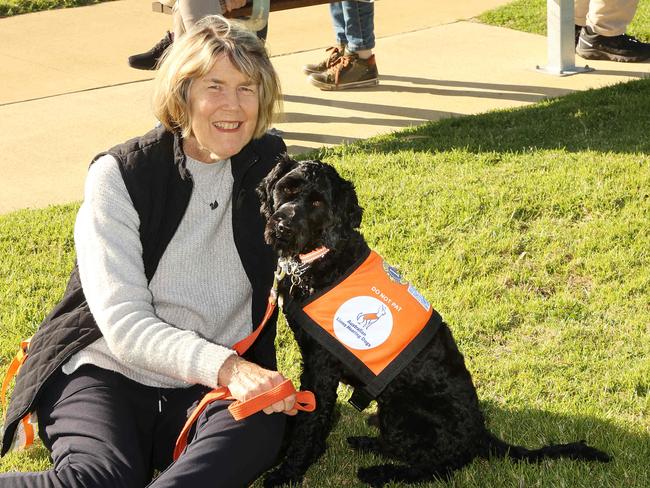 Bernice Gay with her new Australian Lions Hearing Dog called Art and district coordinator Maria Baade, rear left, and Queenscliff Point Lonsdale Lions Clubs members Marj Pepper, Maureen Thorpe and Phil Newey. Picture: Alison Wynd